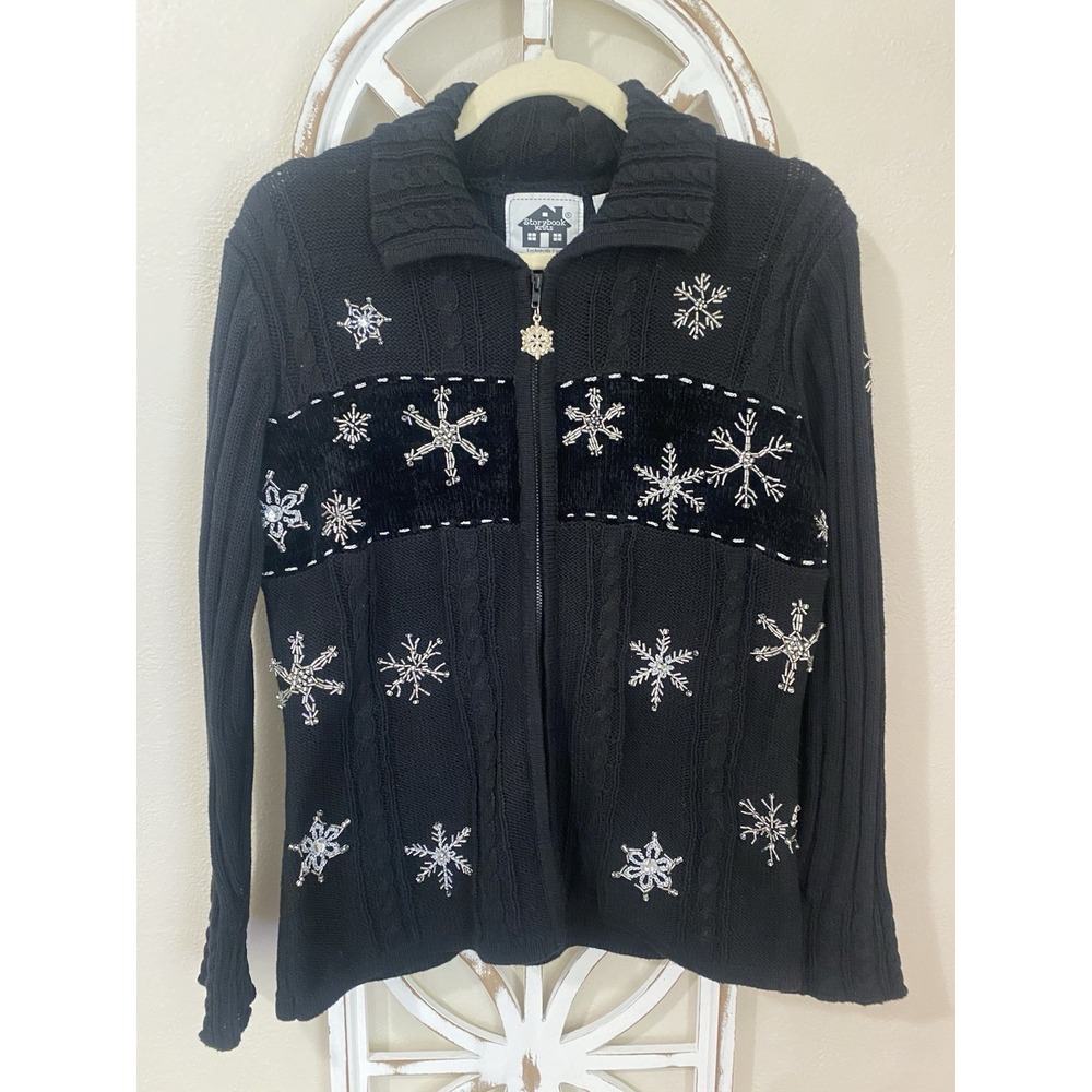 Storybook Knits Christmas Zip Cardigan Black Beaded Snowflakes Size Small